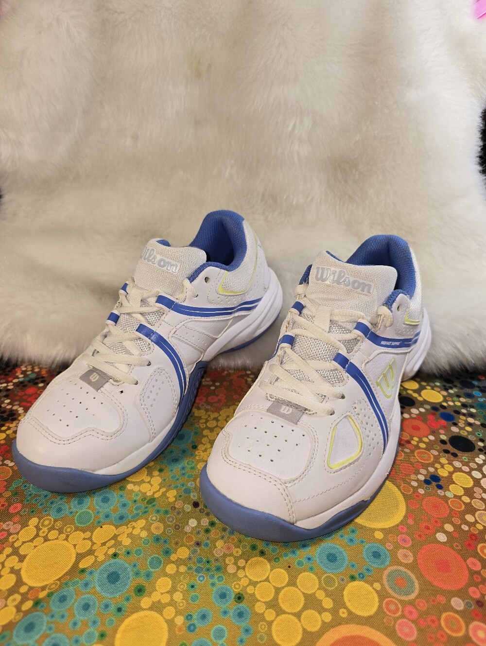 Wilson Rush Pro Women's Tennis Shoe White Sneakers with Blue and Yellow Accents - Picture 11 of 14